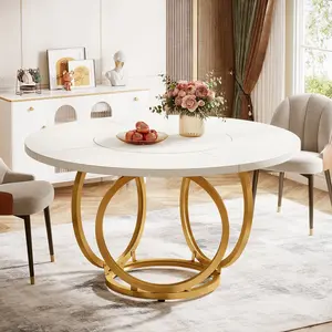 Spaco 47-Inch Modern Round Dining Table for 4 - White Kitchen Table with Golden Metal Base for Dining Room,Living Room.
