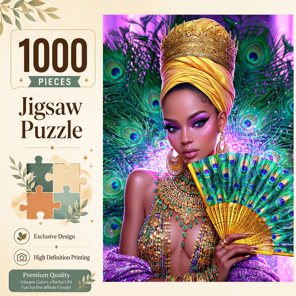Regal Peacock Queen 1000 Pieces Jigsaw Puzzle, Colorful Fantasy Portrait for Adults, Challenging Family Game for Stress Relief Relaxation and Brain Exercise, Wall Decor Gift for Women and Seniors, 19.7×29.5 inches（50×75cm）