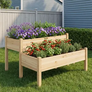 Costoffs 2-Tier Raised Garden Bed – Elevated Wooden Planter Box with Legs for Flowers, Vegetables, and Herbs, Natural Wooden Twin Beds for Garden or Yard