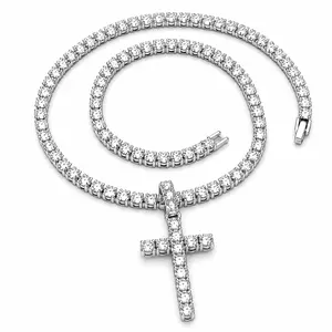 Iced Out Cubic Zirconia Cross Necklace - 4mm Hypoallergenic Waterproof CZ Tennis Chain, Silver-Tone Religious Jewelry Gift for Men & Women, Cross Chain Design,Hip Hop Jewelry for Party