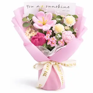 Mother’s Day Gift, Handmade Crochet Flower Bouquet with Pink Tulip, Rose & Forget-Me-Not Daisy Puff Flowers, Graduation Gift, Birthday, Anniversary Gift for Her, Girlfriend, Wife, Friend, Includes Greeting Card, Romantic Forever Flowers