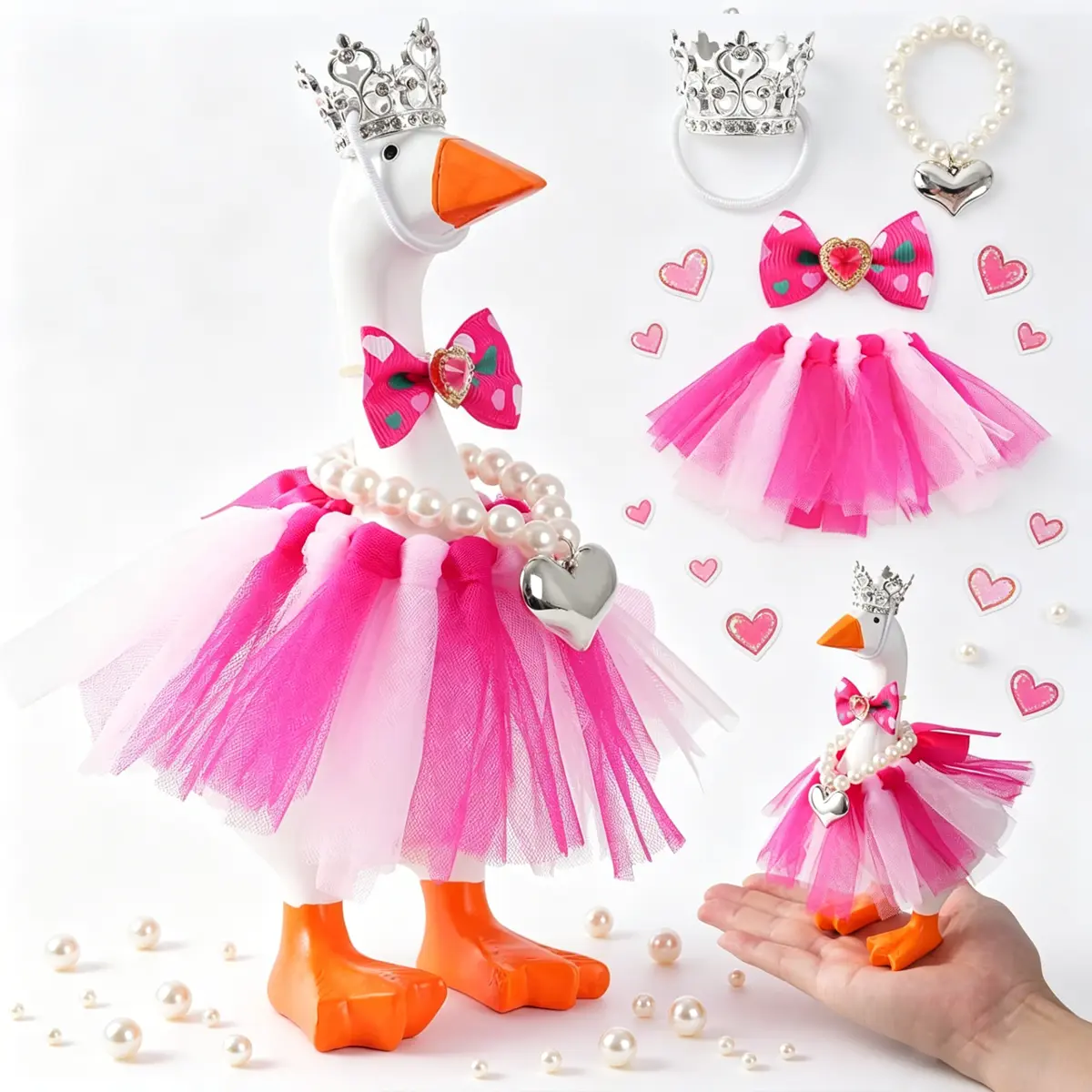 4-piece 7-inch Desktop Goose Costume Set, mini desktop goose outfit including a crystal rhinestone crown, heart bow tie and necklace, pink dress, suitable for magnetic goose statues.