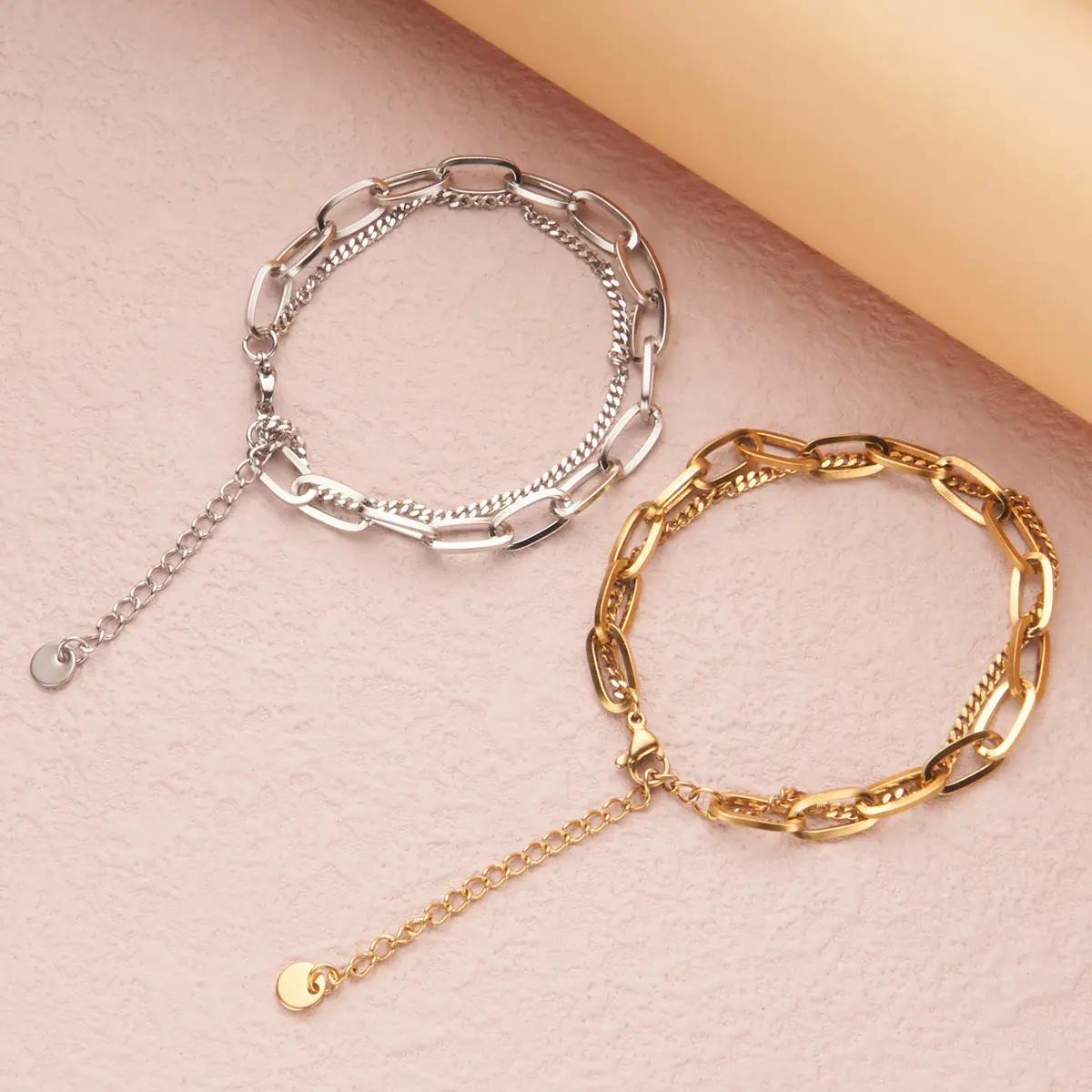 Double-Layer Chain Bracelet with Cuban and Paper Clip Links, Fashionable Stackable Jewelry for Women, Birthday Gift, Fashionable Bangles, Multilayered Bangles, Gemstone, Chain Link, Daily Wear, Adults, Unisex, Casual