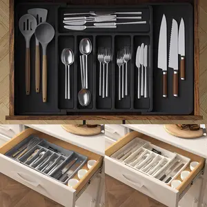Utensil  Drawer Organizer, Expandable Utensil Organizer for Kitchen Drawers, Adjustable Cutlery and Flatware Tray, Plastic Spoons Forks Knives Holder Storage Dividers,Cooking Utensils Tray Cutlery Flatware Holder with Removable Knife Blocks,