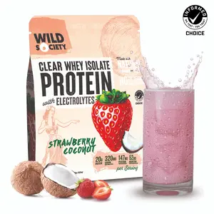 Wild Society Clear Whey Isolate Protein with Electrolytes Strawberry Coconut Flavor 20g Protein per Serving Natural Energy Drink