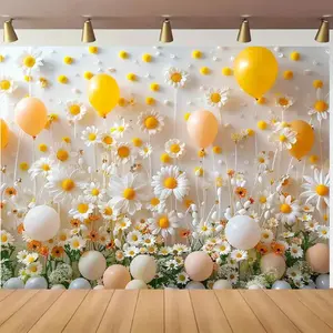 1pc 2D Flat Vibrant Daisy & Balloon Birthday Party Backdrop - ft/ft, Perfect for Photography, Cake Table Decor, and Portrait Backgrounds, for Spring