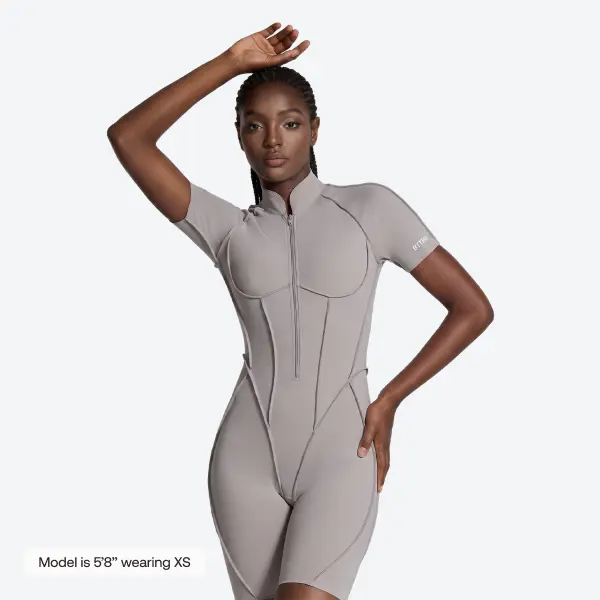 BetterMe Women's Cool Gray Sleek Shorts Catsuit - Short-Leg Fit 1-Piece Bodysuit Unitard Romper Overalls Jumpsuits, Adjustable Breathable Casual Gym Wear & Athletic Sports Spandex Fabric Clothing for Pilates, Ballet, Everyday Wear, Womenswear