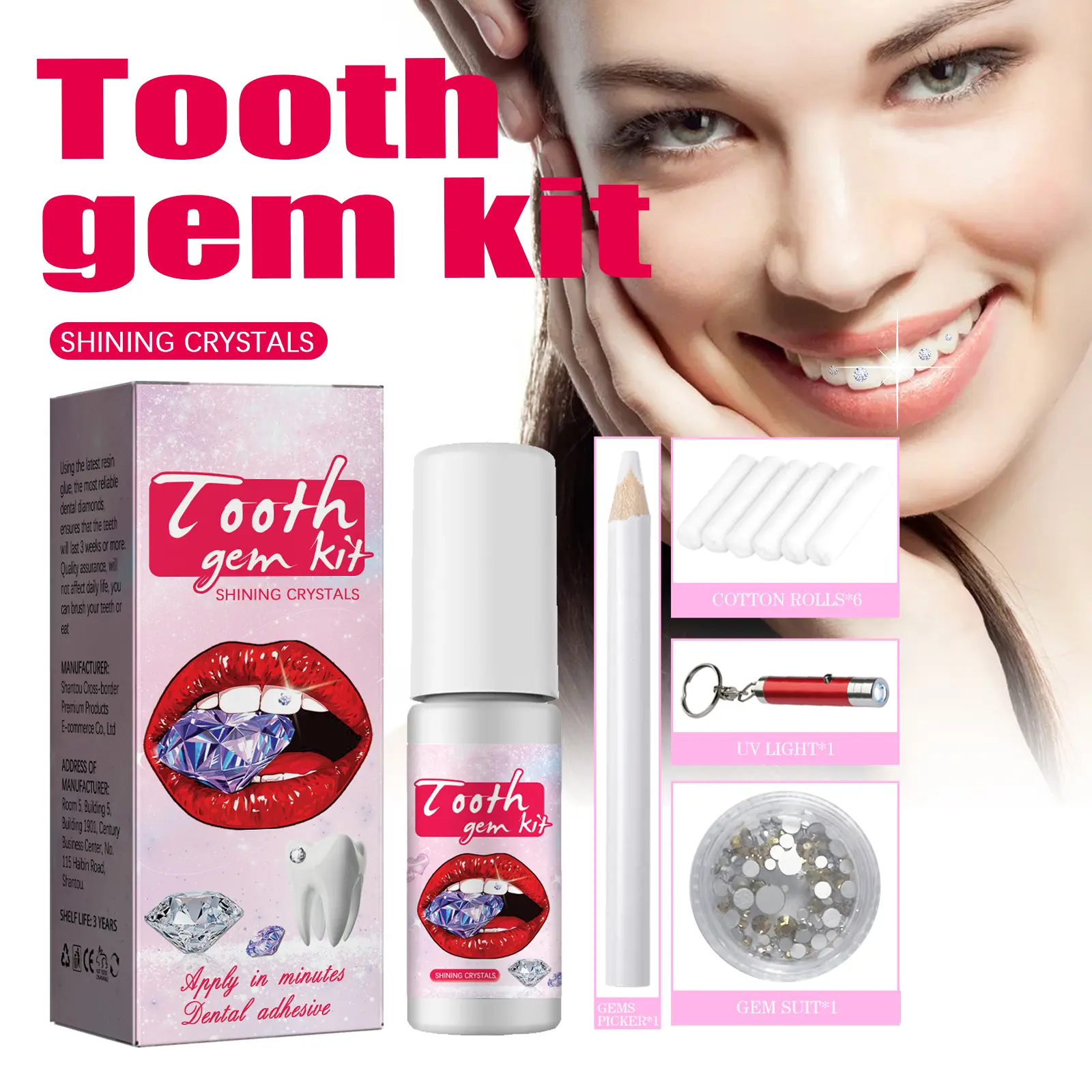 DIY Tooth Gem Kit for Shimmering Teeth Decor - Beauty Skincare Tool with UV Glue, Colorful Crystals, White Crystals, and Curing Light, Kit Set