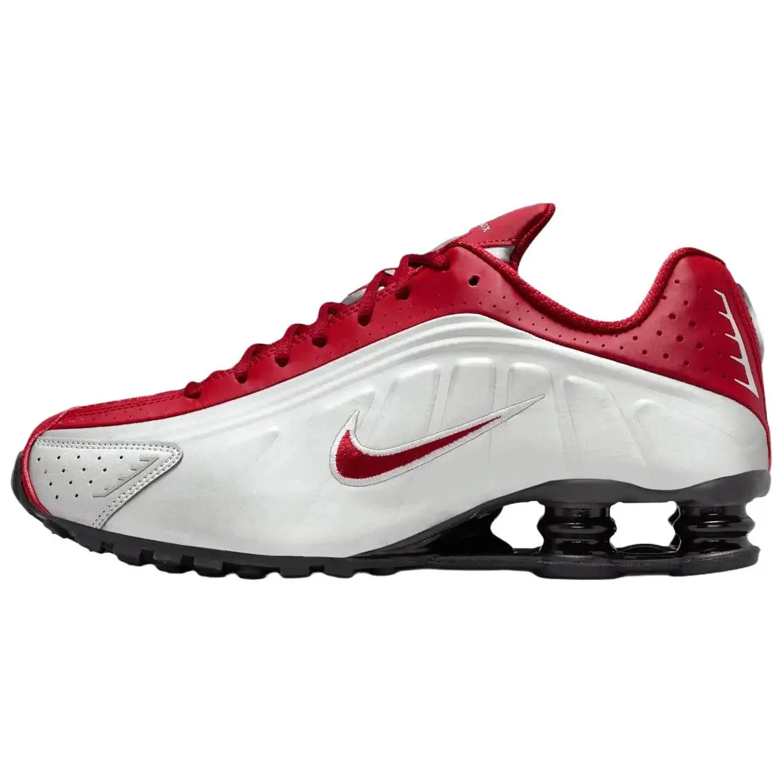 Nike Shox R4 'Metallic Silver-Black-Team Crimson' Mesh Athletic Trainer, Men's Running Shoes, Casual Performance Sports Footwear