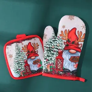 Christmas Oven Gloves Santa Claus Snowman Bell Pattern Insulated Gloves Decorative Gift Home Kitchen Christmas Decoration