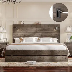 Amerlife Farmhouse Platform Bed Frame with 51”Tall Headboard, LED Reading Lights, Rustic Wood Look, No Box Spring Needed, Sturdy Construction, Easy Assembly