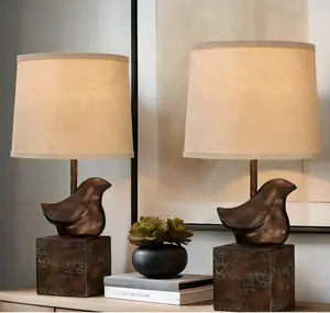 15"Resin Table Lamps for Living Room Country Cottage Farmhouse Lamp for Bedroom Tree Trunk Wood Grain with Oatmeal Fabric Round Shade Vintage Rustic Traditional Nightstand Bedside Lamp