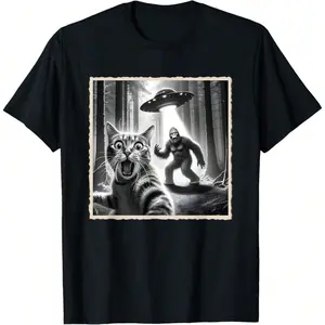 Cat Selfie With Bigfoot & UFO |   Funny Sasquatch & Cat T-Shirt, Crew Neck Tee, Ultra Soft, Breathable, Moisture Wicking, Gifts For Women