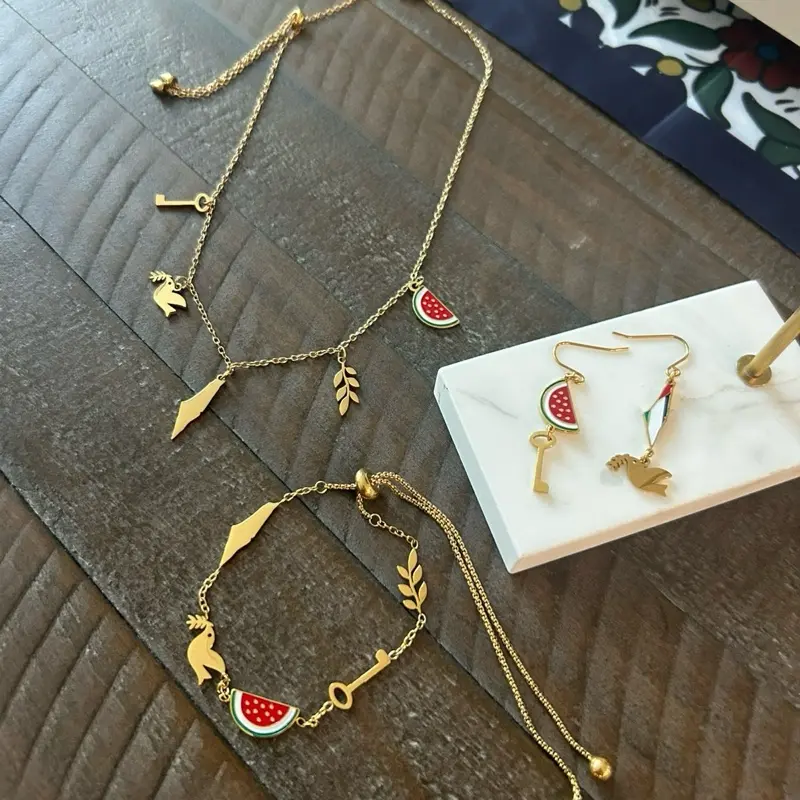 The Set of Palestine 5 Charms Necklace, Earrings & Bracelet. Map Watermelon Dove Olive Branch Key of Return Symbols Jewelry Thoughtful Gifts Symbolic Cultural Events