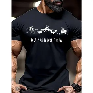 Men's Pink Muscle Graphic Tee - "No Pain No Gain" Weightlifting Print, Polyester Blend, Round Neck, Machine Washable for Summer Workouts