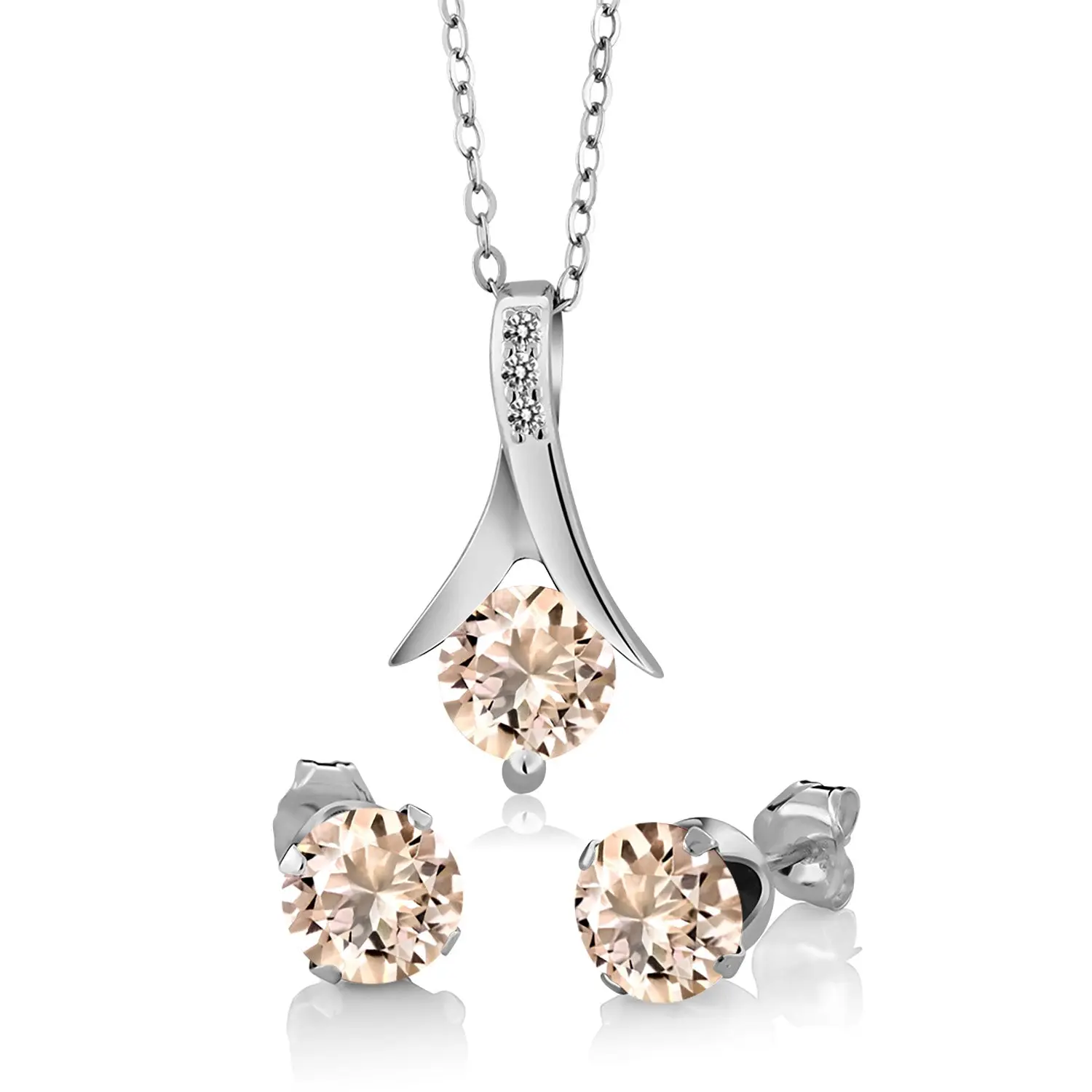 Gem Stone King 1.85 Cttw Peach Morganite and White Diamond Pendant Earrings Set for Women | 925 Sterling Silver | Gemstone Birthstone | With 18 Inch Silver Chain