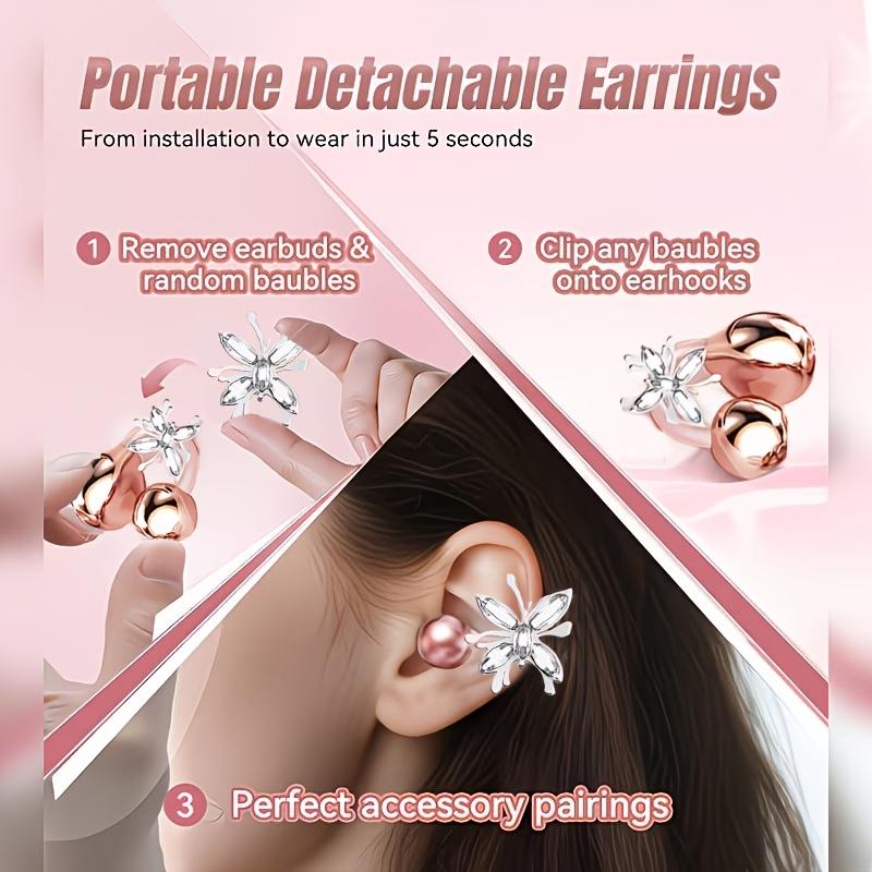 Open Ear Wireless Earbuds, Women's Handbag Earphones with Butterfly Earrings, Lightweight Clip On Earbuds, Fast Charging Case, Noise Cancelling Mic for Running Gym Workout - Gifts for Girlfriend, Mother, Daughter, Suitable Gifts for Valentine's Day