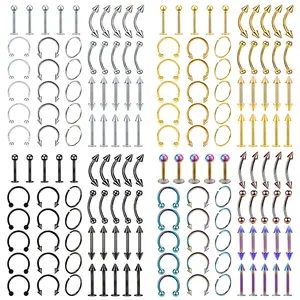 [40pcs Stainless Steel Piercing Set] 40pcs Stainless Steel Body Piercing Jewelry Set, Fashion Nose Rings, Tongue Bar, Eyebrow, Labret, Horseshoe Rings, Non-Magnetic, Assorted Piercing Accessories Kit