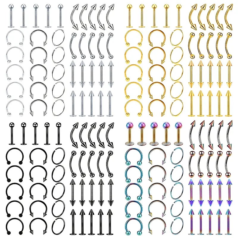 Unisex 40pcs Stainless Steel Body Jewelry Set - Non-Magnetic Fashion Piercing Kit with Nose Rings, Tongue Ring, Eyebrow Jewelry, Labret Studs, Horseshoe Hoops & Assorted Accessories