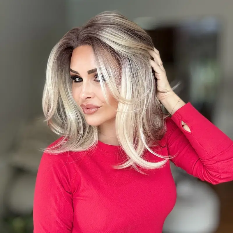 A62 by AISOM Free Part Natural Bob Cut 13 inches Bright Blonde with Brown Blend Synthetic Lace Wig for Daily Wear Short Wig Natural Looking