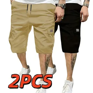 Men's Workwear Shorts Set Pack of 2 - 100% Polyester Durable Khaki & Black Fabric with Adjustable Waistband Multi-Pocket Design Perfect for Gym Hiking & Construction Summer Essentials Street Style Hiking Gear Beige Clothing