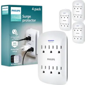 Philips 6-Outlet Extender Surge Protector, 900 Joules, 3 Prong, Space-Saving Design, Protected Indicator LED Light, 4 Pack, White, SPP3469WA/37