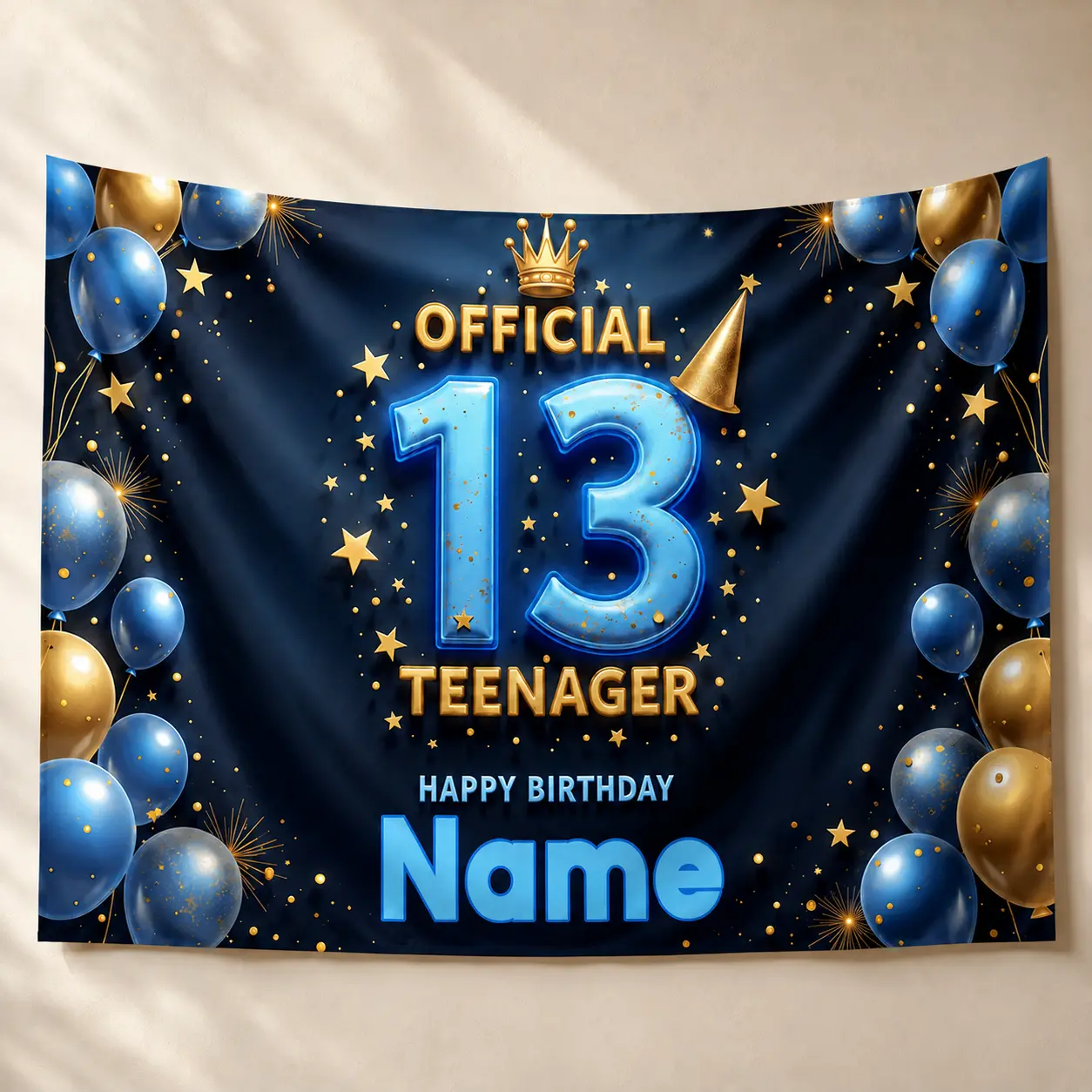 1PC Personalized 13th Birthday 2D Flat Polyester Backdrop, Blue Gold Official Teenager Birthday Party Background with Balloons, Stars & Crown, Custom Name Photo Booth Decor