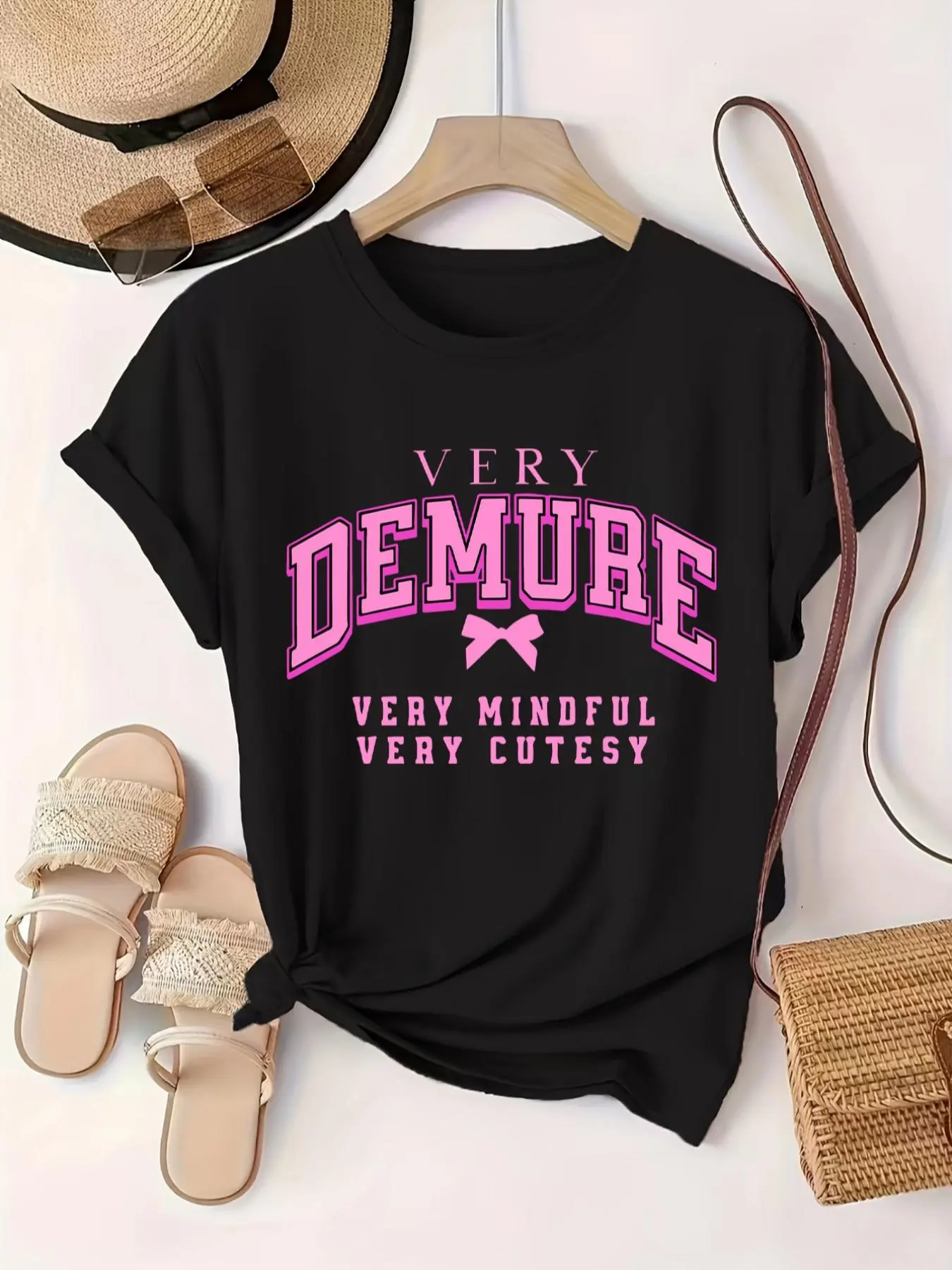 Women's Letter Print Round Neck Knitted Tee, Fashion Casual Crew Neck Short Sleeve T-Shirt for Summer Daily Holiday Vacation Outdoor Wear, Ladies Clothes for All Seasons