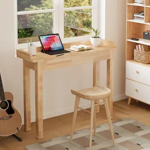 CocoHouse 39.4"x11.8" Solid Rubberwood Rectangle Desk with Back Panel, Raised Edge Narrow Console Table, Modern Minimalist Computer Office Workstation for Home Office, Natural Finish