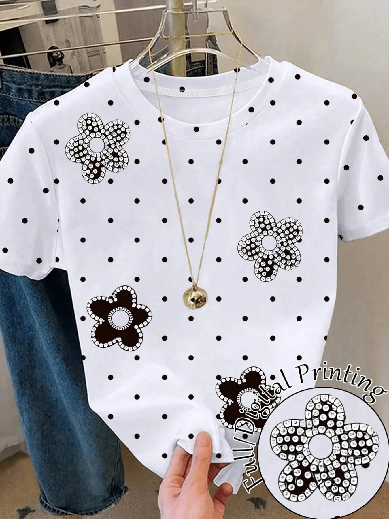 Polka Dot Rhinestone Flower Print Short Sleeve T-Shirt Top Lady Summer Everyday, Korean Sweet Aesthetic Casual Style, Full Polka Dot + Imitation Diamond Flowers, Breathable Daily Wear