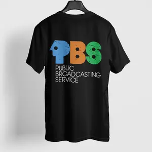 PBS Public Broadcasting Service Logo Retro Graphic T-Shirt Black Tee Back Print