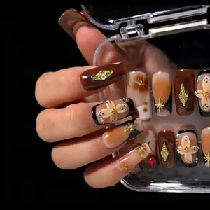 Handmade Almond Press On Nails, Trendy Y2K Luxury Press On Nails 3D Handmade Flower & Amber Leopard Almond Nail Art 10 Pcs Handmade Press-On Nails| Cute  Nails, High Quality Reusable