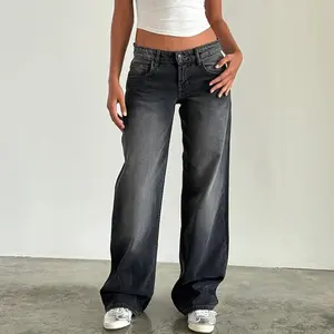 Women Casual Low Rise Jeans Fashion Loose Straight Leg Denim Pants with Pockets for Summer Spring