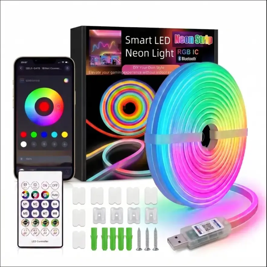 Upgraded RGBIC Smart Neon LED Light Strip (5M/10M), Bluetooth APP & Remote Controlled Color Changing Mood Lights with Music Sync, Self-Adhesive USB Powered, for Room Decor, Cool Room Decor, Gaming Setup Accessories