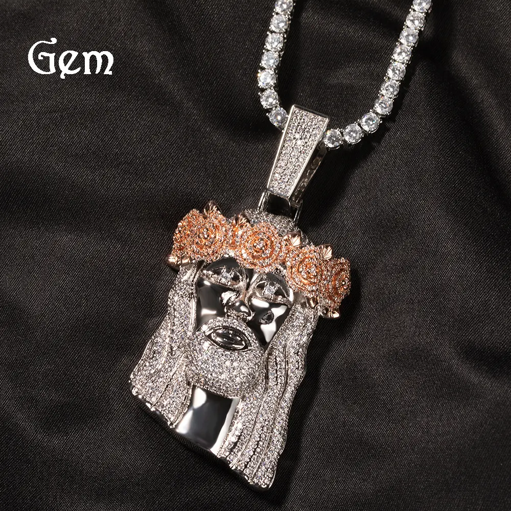 Men's High-End Bling CZ Diamond Studded Retro Rose Portrait Pendant Necklace, Trendy & Versatile Hip Hop Fashion Accessory, Diamond Studded Pendant