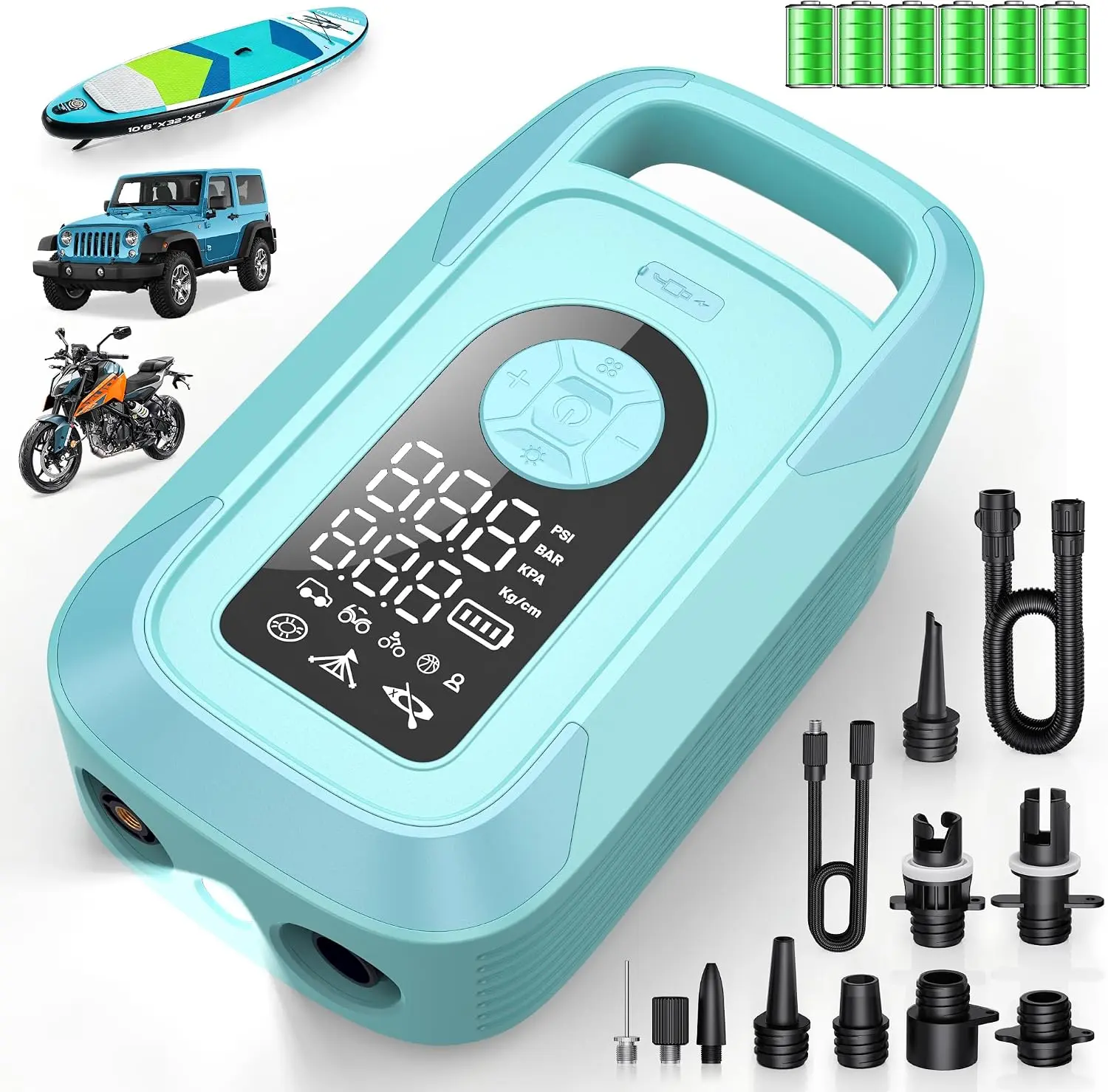 Trisomy 150PSI Portable Electric SUP Air Pump, Fast Inflate Cordless Paddle Board Pump with Lights, 10400mAh Battery & 7 Nozzles for Outdoor Adventures, Car, Motorbike, Camping & Beach Essentials