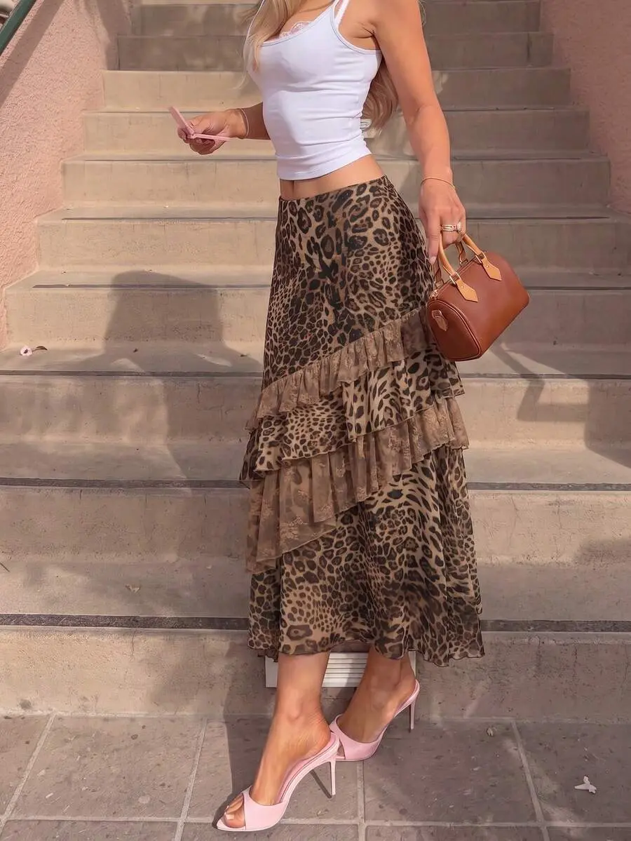 Women's Leopard Print Patchwork Ruffle Midi Skirt, High Waist Asymmetrical Draped Skirt