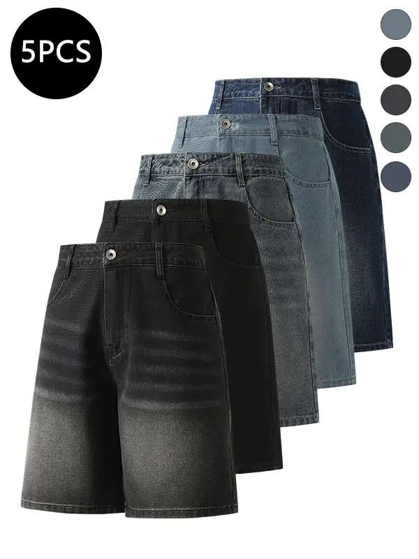 5-Pack Men’s Summer Knee-Length Denim Shorts — Trendy High-Street/Streetwear Athletic Casual Loose Fit, Ideal for Fitness and Running