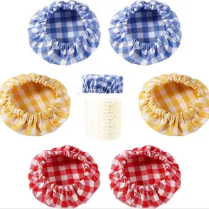 6pcs Jar Cloth Covers, Plaid Cloth Jar Covers Elastic Unbleached Cloth lid Reusable Sourdough Starter Bowl Cover Dough Basket Cover Preserving Lids Food Storage for 3-4 Inch Jar Mouth Kitchen Baking Supplies