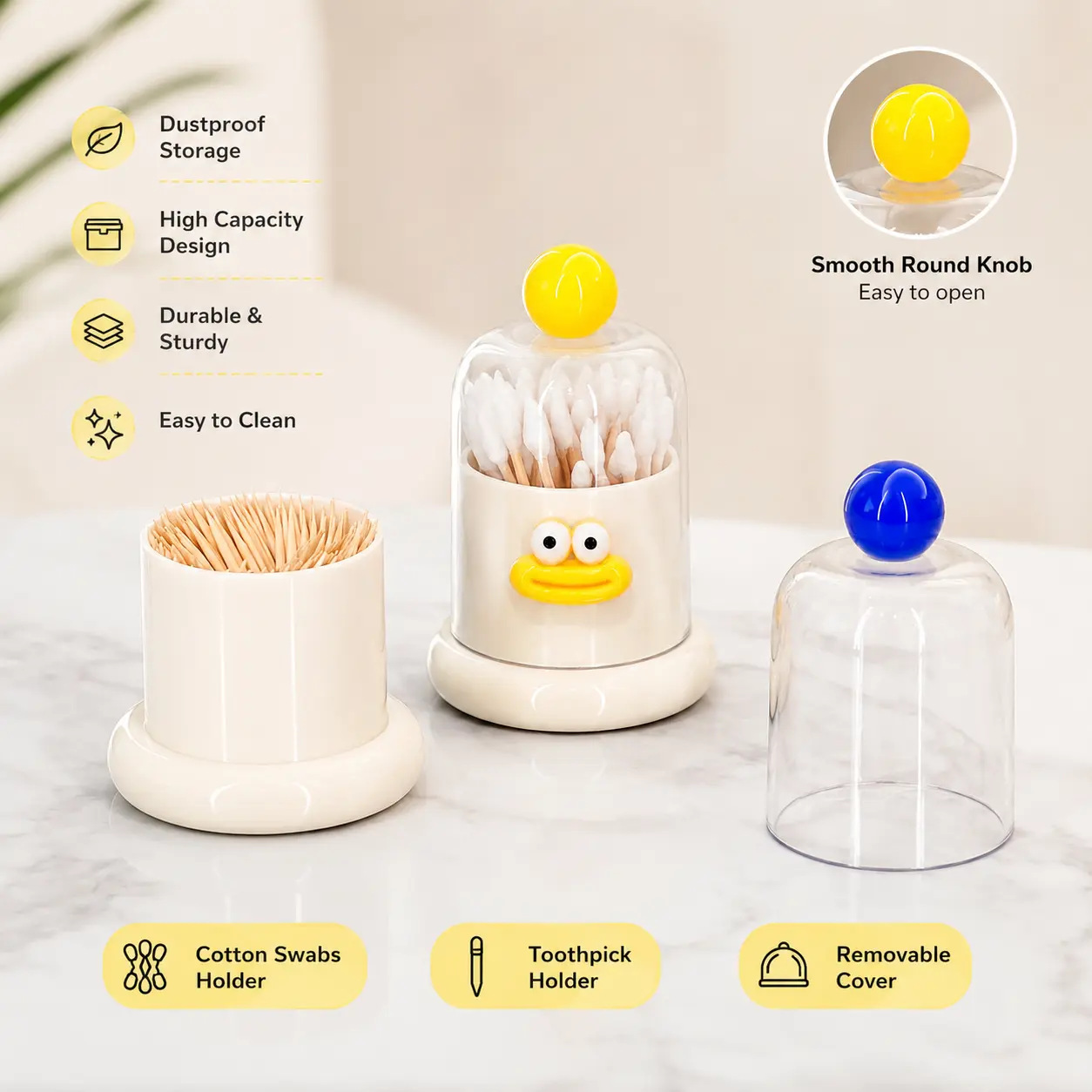 Decorative Toothpick & Cotton Swab Storage Container, 1-Count Cute Cartoon Face Organizer with Transparent Dustproof Lid for Home Desktop, Bathroom