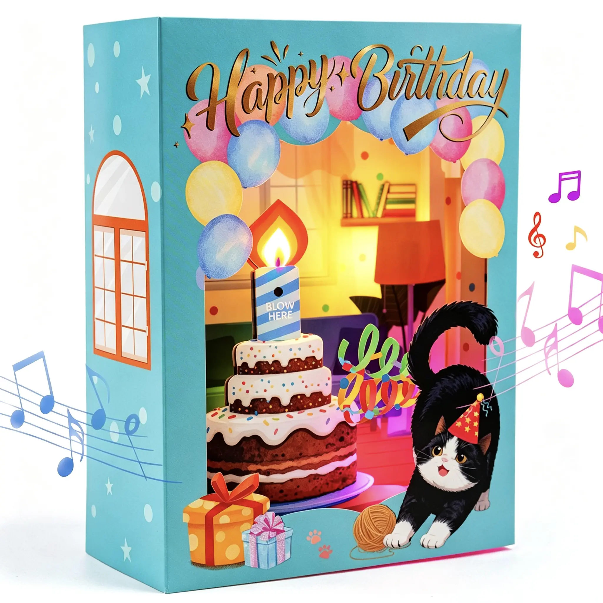 4D Cat Pop-Up Birthday Card with Blowable Candle, Light and Built-in Music/Multiple dynamic shaking greeting cards, suitable for surprise birthdays, holidays, anniversaries, and other occasions