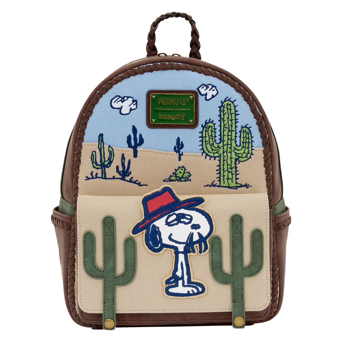 Loungefly Peanuts Spike Desert Character Mini Backpack, Distressed Polyurethane with Applique, Embroidery & Adjustable Straps, Applique Detailing