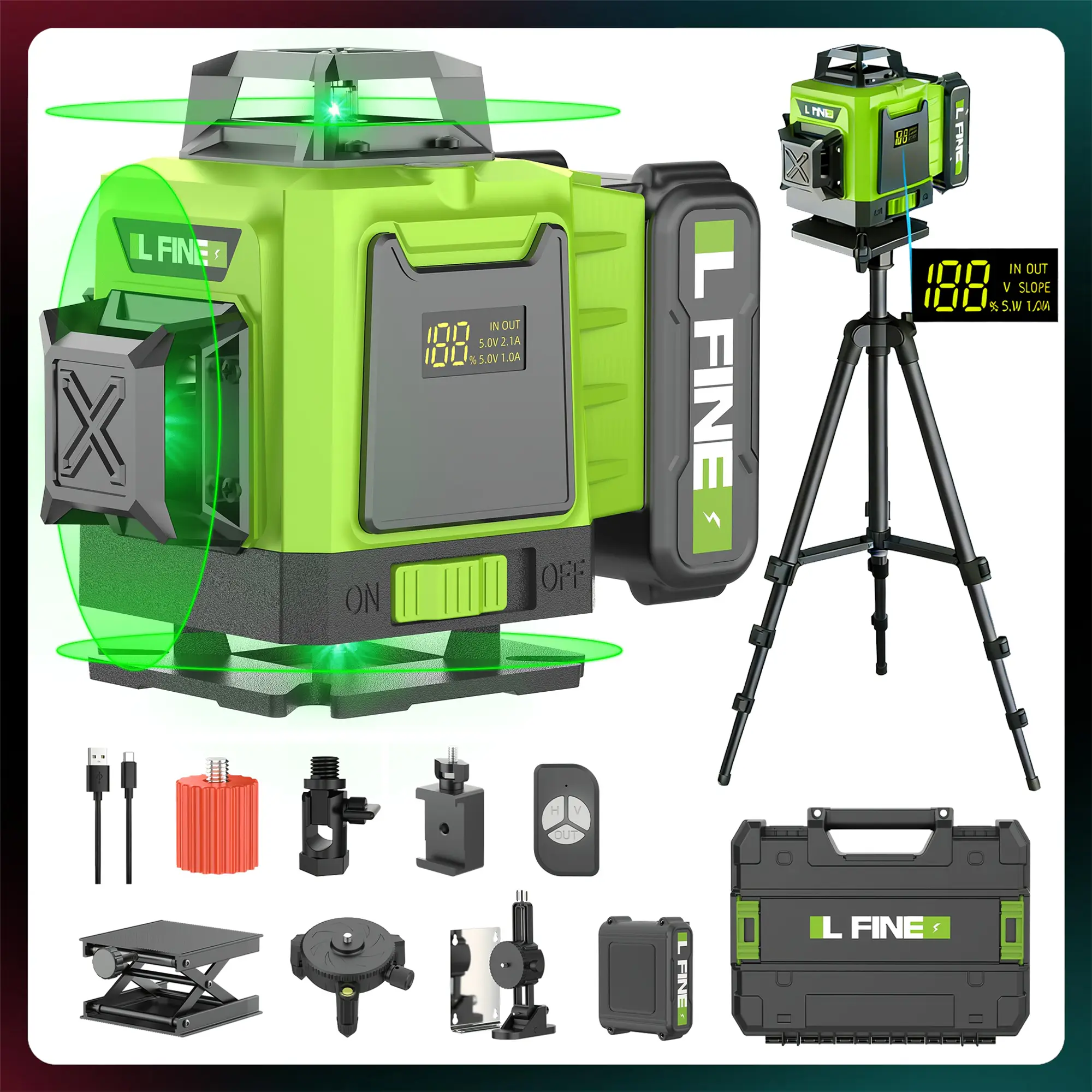 16-Line Green Electronic Laser Leveler Full Kit, Self-Leveling 4D 360° Remote Level Device with Tripod, Rechargeable Measurement, Magnetic Accessories, Batteries for Construction, Home Renovation, Electronic Laser Level