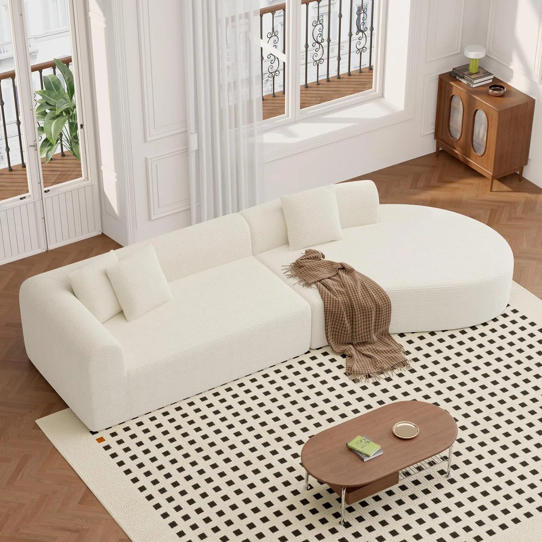 【Shipped in Two Packages】Modern Style Curved Sofa, Upholstery Corduroy Sofa Couch with 3 Pillows, Oversized Sleek Curved Sectional Boucle Fabric Couch for Living Room White