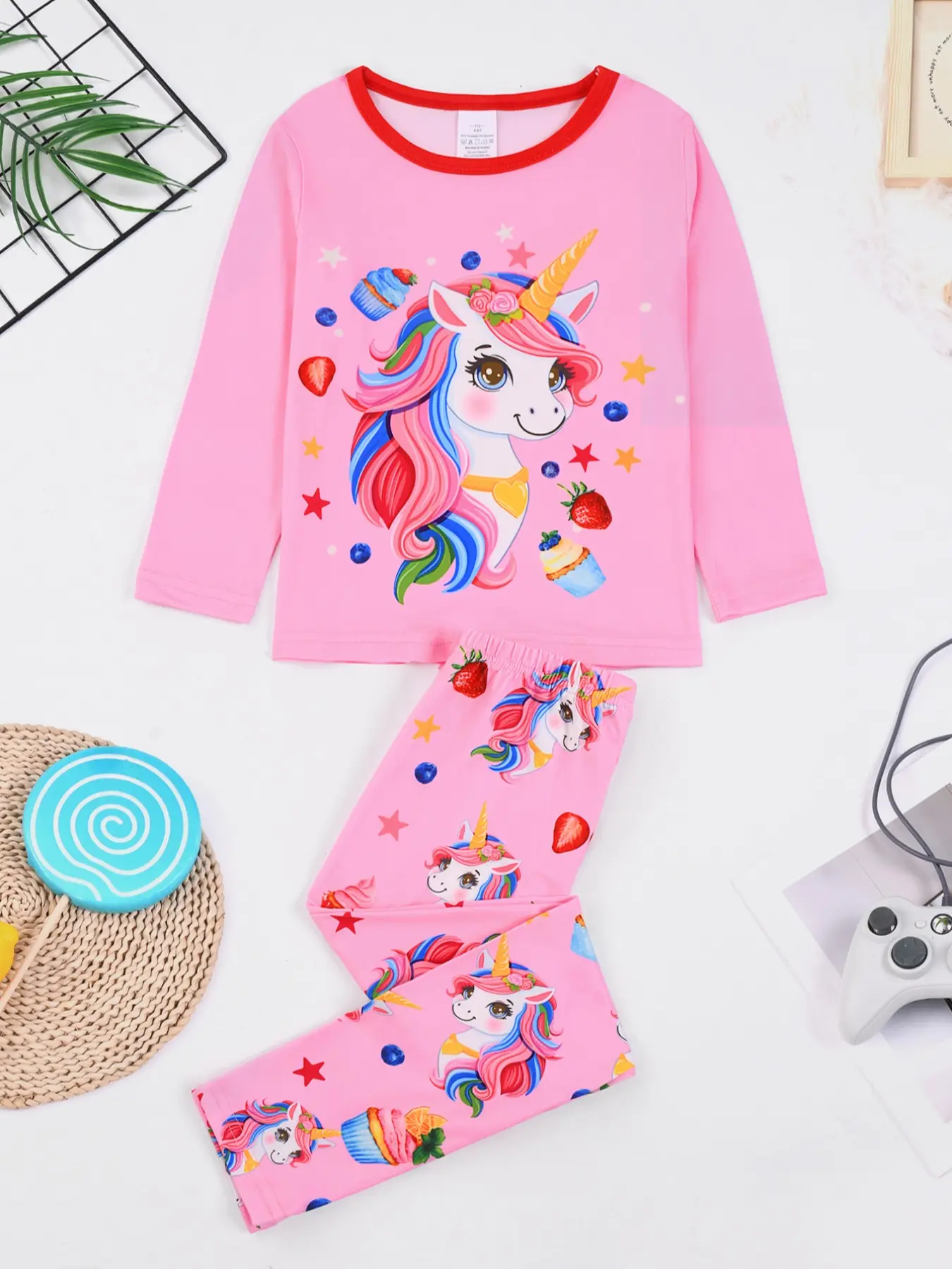 Girls' Round Neck Long Sleeve Matching Pajamas Set, Unicorn Pattern Ice Cream Cartoon Print, Comfortable Fitted Homewear Sleepwear, Fruit Print Pajama, Fitted Pajama Sets