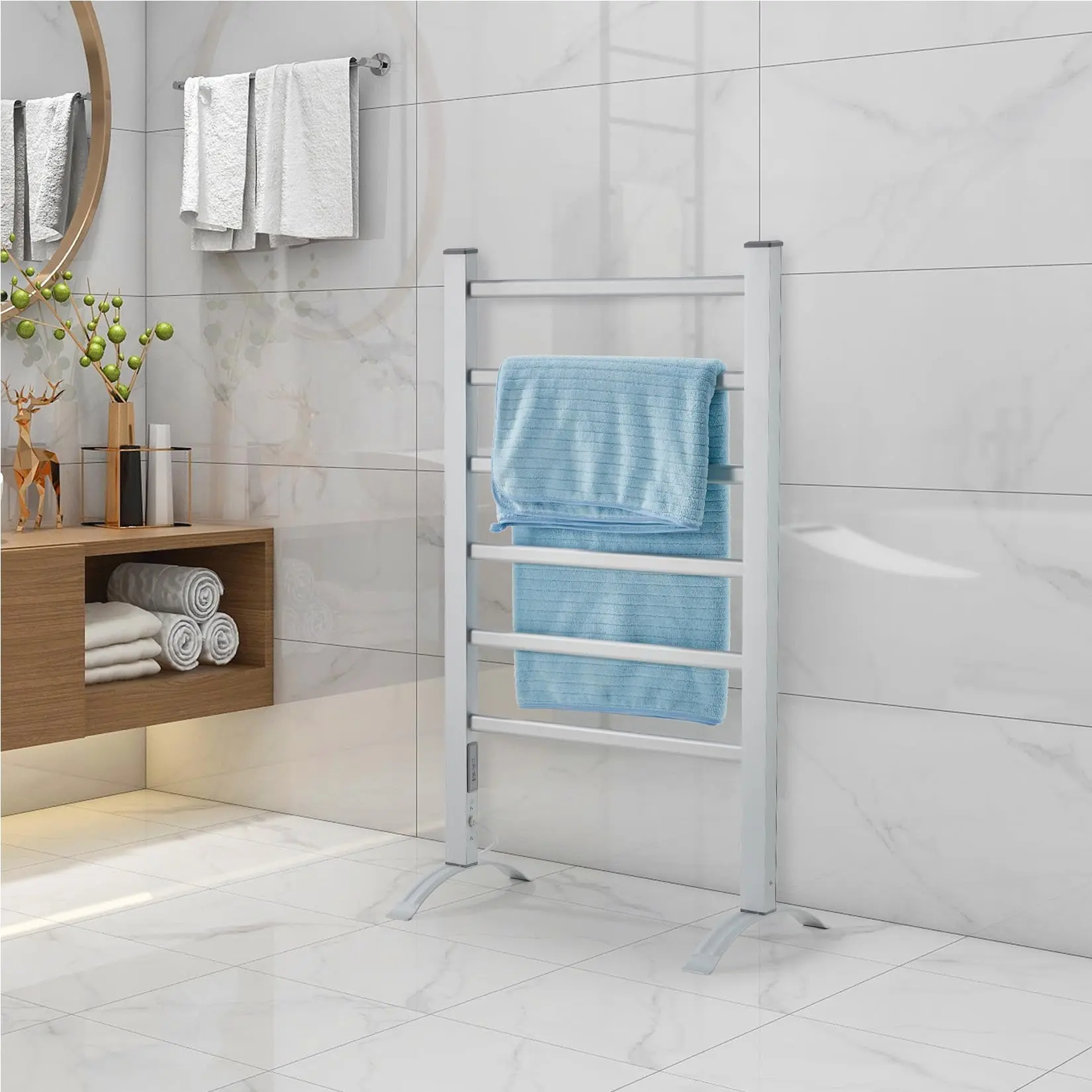 6-Bar Towel Warmer – Freestanding or Wall Mounted Bathroom Heater, 105W Plug‑in Towel Rack with 2/4H Timer, IP56 Waterproof for Bathroom