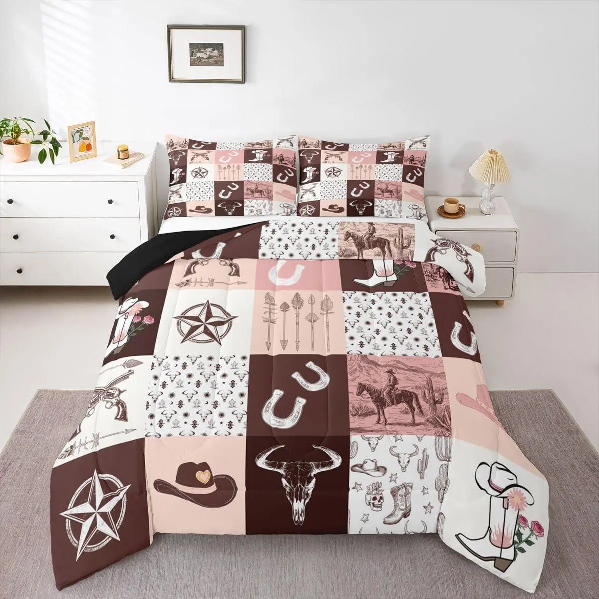 Feelyou Queen Size All-Seasons Western Quilt Set Bedding - Machine Washable Cowboys Western Decor, American Wild West Patchwork with Texas Stars, Boho Arrows, Horseshoes, Bull Design for Teens