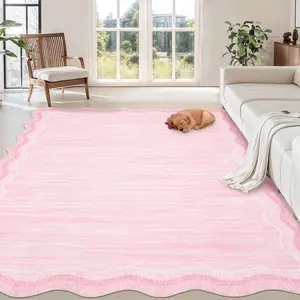 Scalloped Pink Rug 8x10ft Modern Solid Living Room Carpet, Non-Slip Contemporary Rug for Girls, Machine Washable Low Pile Indoor Rugs for Entryway,Playroom,Dorm,Office, Pink