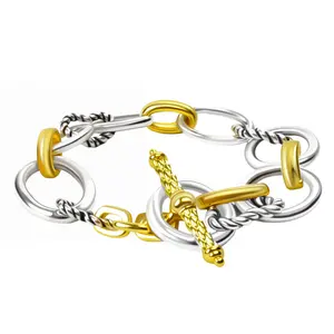 Ryqen Viral Rotating OT Clasp Bracelet, Retro Two-Tone Gold & Silver Chain, Mixed Textured Links, Unique Talking Piece, Gold and Silver Plated Cuff with Unique Closure, Retro Modern Stacking Jewelry, Gift for Her