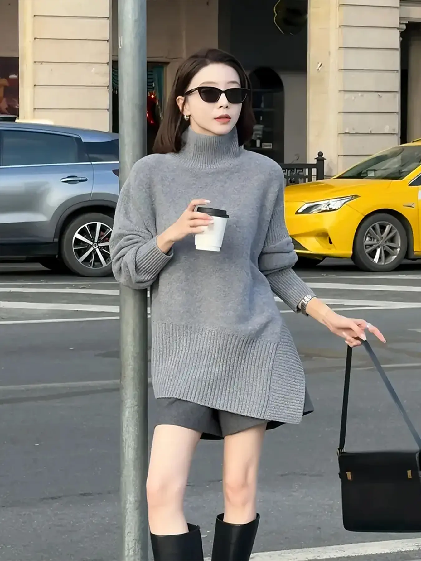Women's Vintage High-End Knit Pullover, Soft Stand Collar Slim Fit Side Slit Design Sweater, Fall & Winter Casual Outerwear